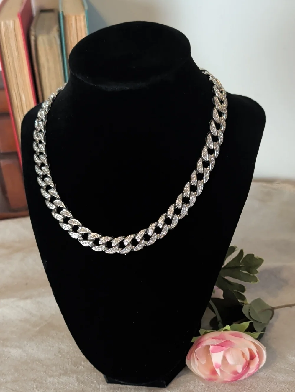 Y2K Rhinestone Cuban Link Necklace Silver Tone Glam Chain Pavé Crystal Detail